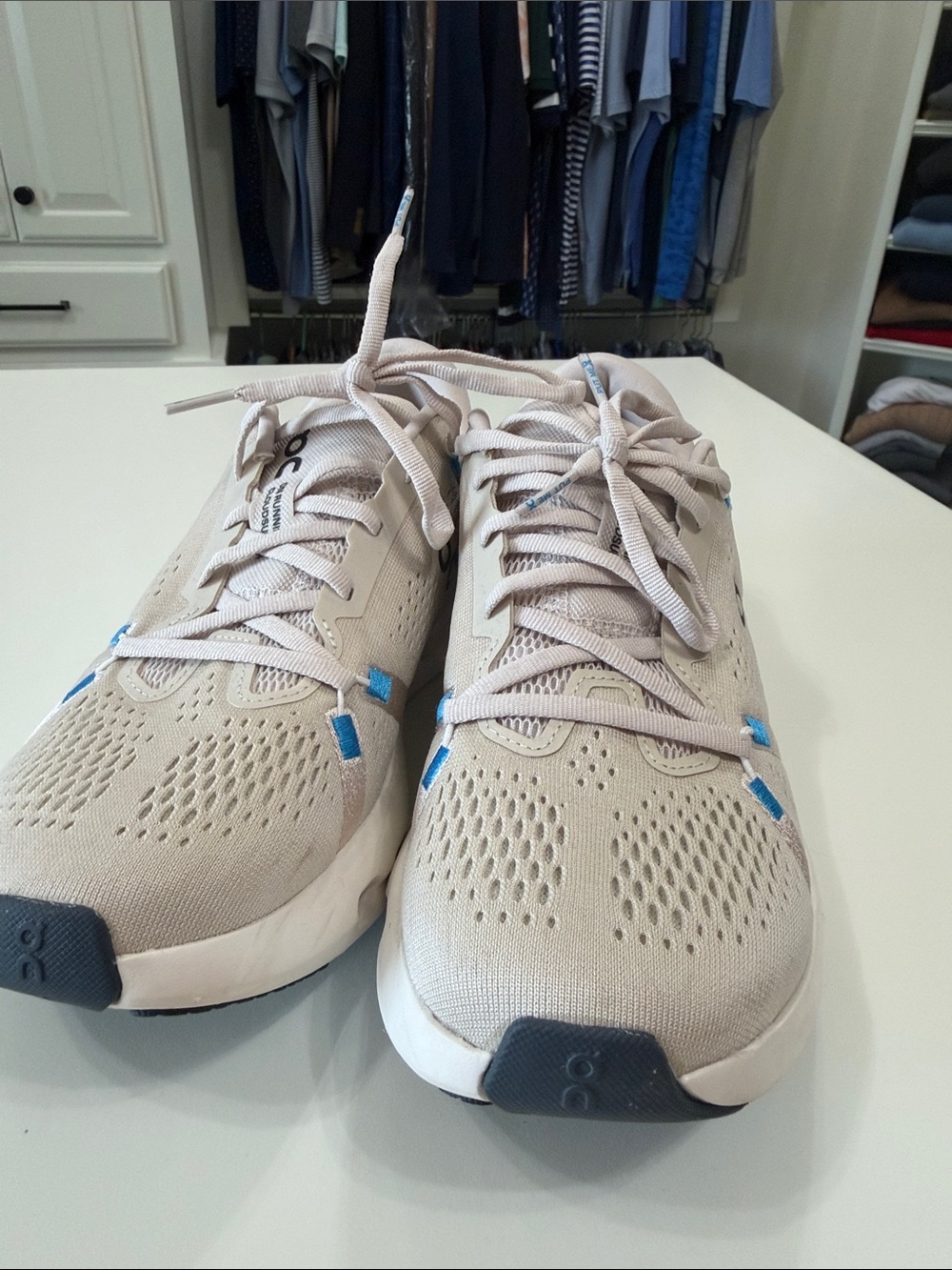 On Running Cloudsurfer Women’s Neutral Beige Athletic Sneakers with Blue Accents